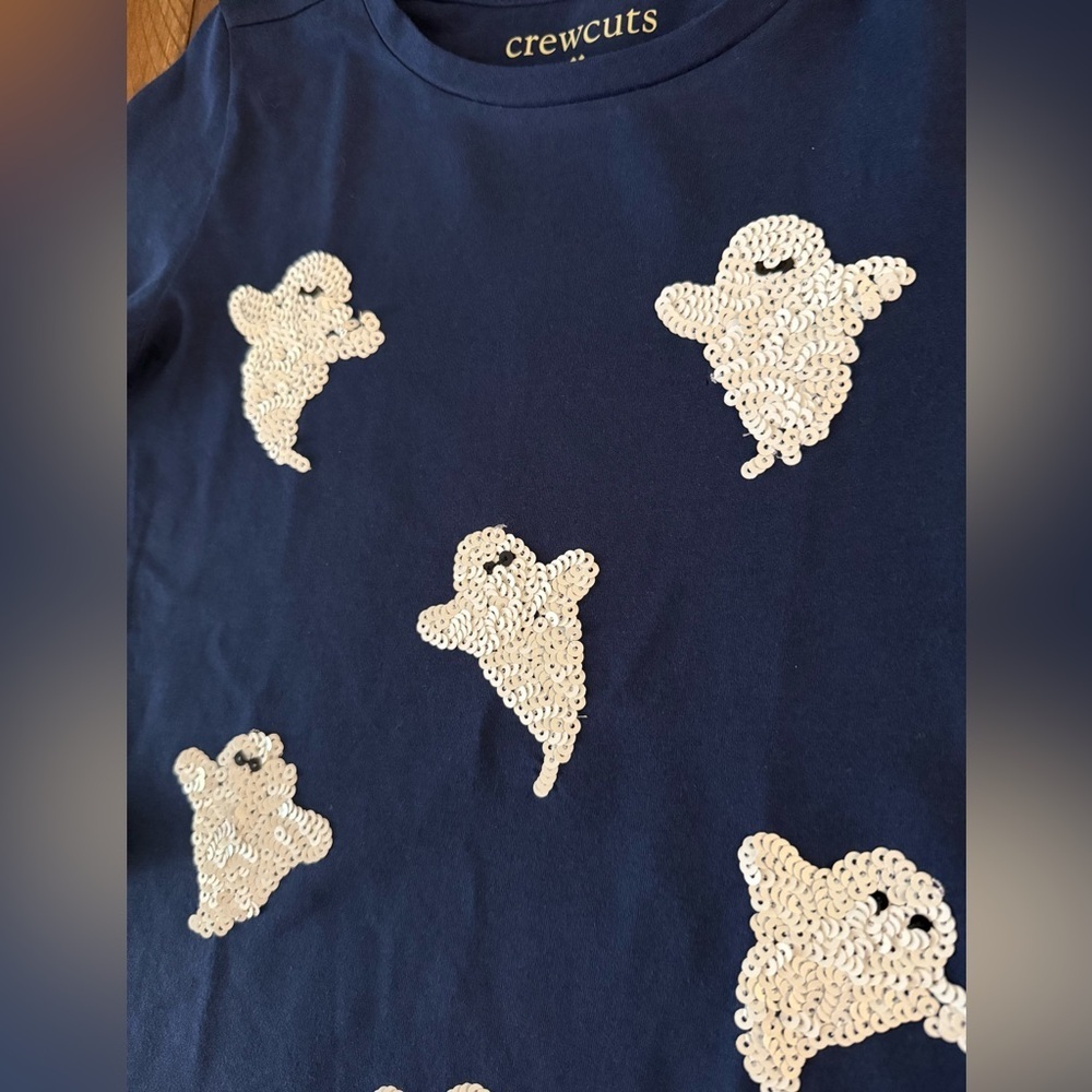 J.Crew Crewcuts Girls Halloween Sequin Ghost Shirt Blue Long Sleeve 4-5 6-7 NWT - Picture 2 of 5